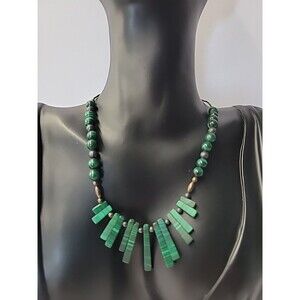 Vintage Handmade Necklace Malachite Stone Beaded Pendant Sterling Silver Bar
